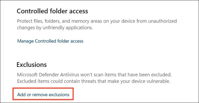 add exception in Windows Security