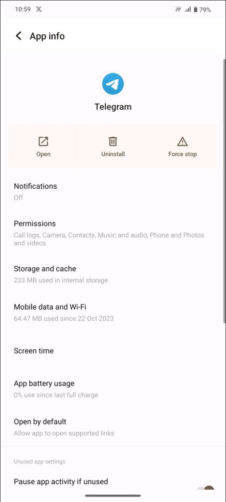 Telegram app settings
