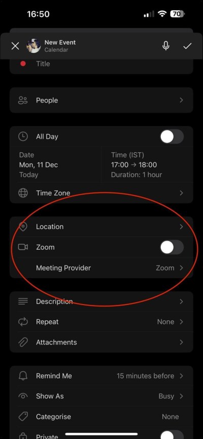 Screenshot showing a new event creation in Outlook mobile app with the 'Zoom' option selected as the meeting provider.