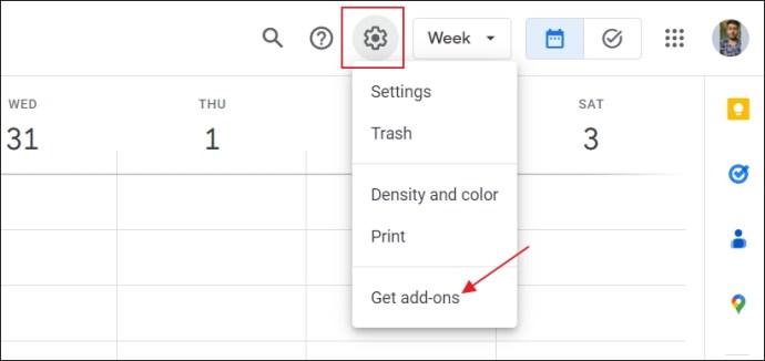 Add-ons option in the Google Calendar page