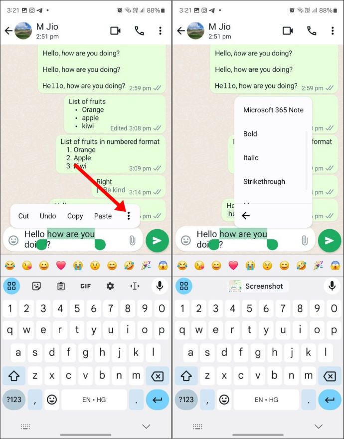 Highlighted text in WhatsApp.
