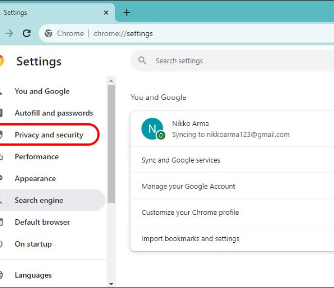 Selecting Privacy and security from the sidebar in Google Chrome Settings