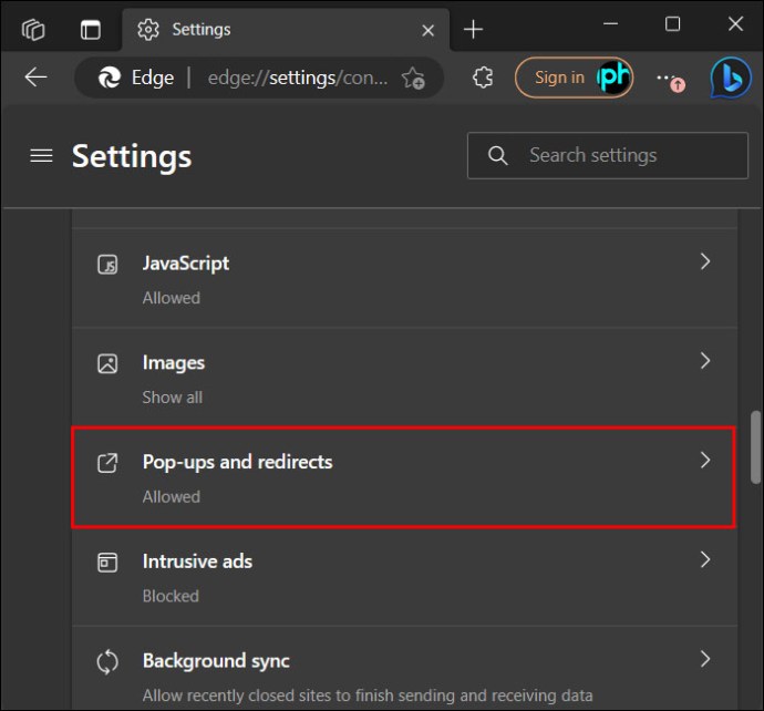 Edge's Pop-ups and redirects option