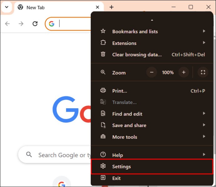 Chrome browser settings option