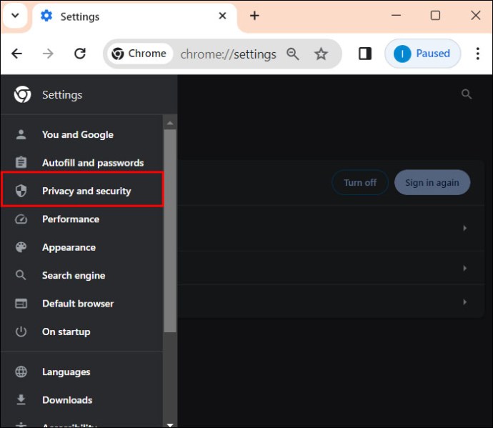 Selecting privacy and security on Chrome