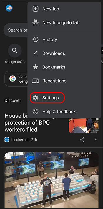Settings option on Chrome