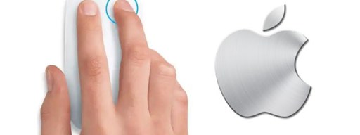 Person's hand with Apple logo indicating clicking.