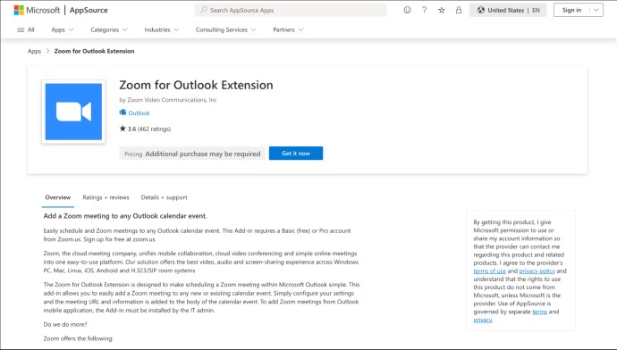 A preview of the Zoom for Outlook Extension page on Microsoft AppSource website.