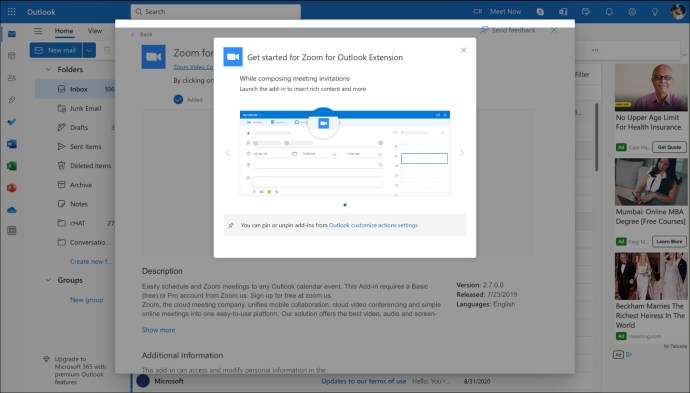 Preview of Zoom add-in in the calendar on the web-based Outlook.