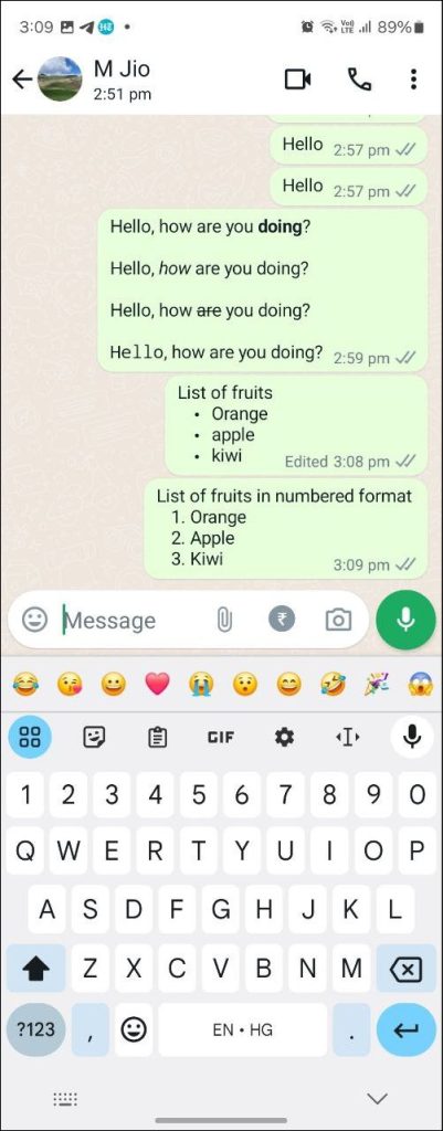 Numbered list in WhatsApp.