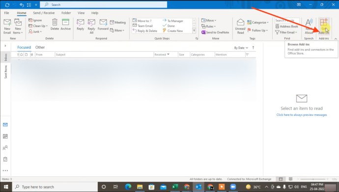 Outlook for Windows interface showing the 'Get Add-ins' button on the ribbon.