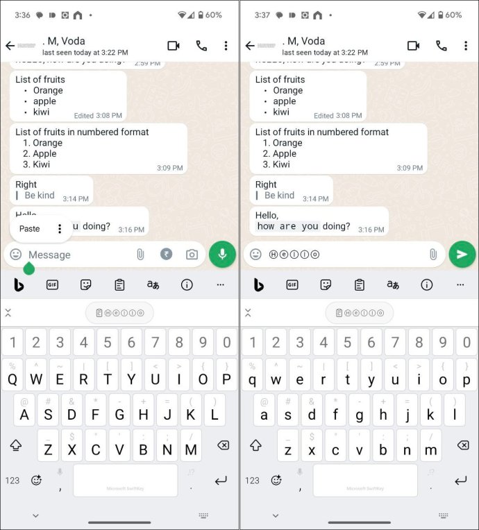 Typing fonts in WhatsApp on Android.