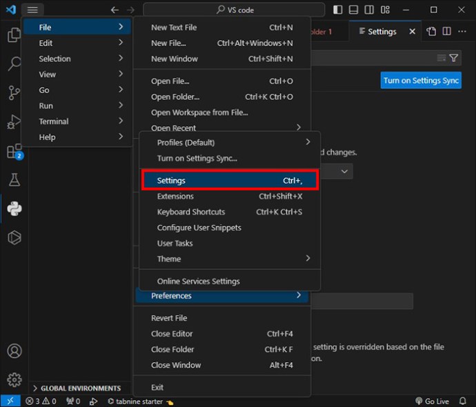Selecting Settings from the Preferences menu in the File Dropdown in VS Code