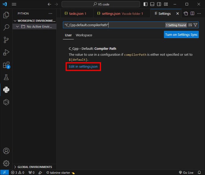 Clicking the Edit in settings.json in the VS Code Settings menu