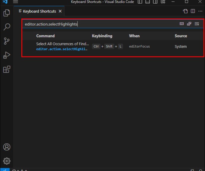 Locating the editor.action.selectHighlights setting in the Visual Studio Code Keyboard Shortcuts menu