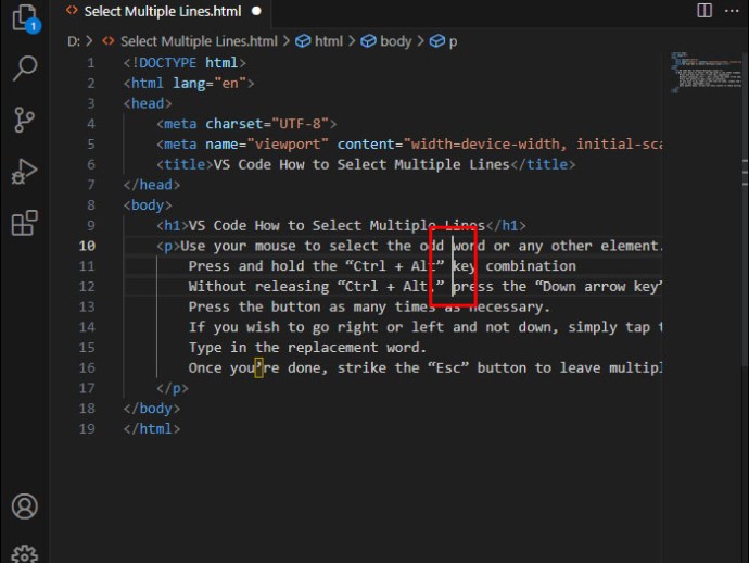 Adding a cursor to the lines below in VS Code