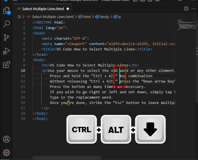 Pressing the Ctrl, Alt, and Down arrow keys in Visual Studio Code