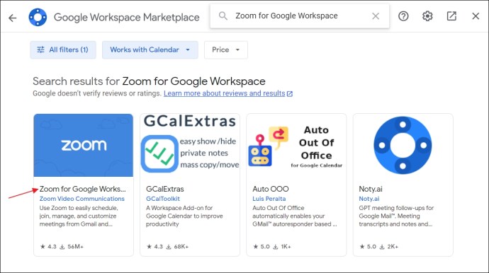 Zoom add on in the Google Workspace Marketplace
