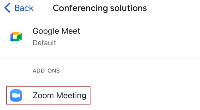 Zoom meeting add-on within the Event option on mobile