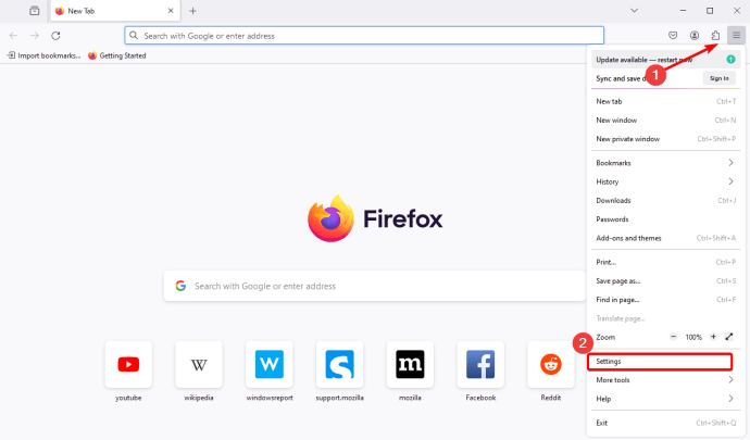 Opening the settings option on Firefox