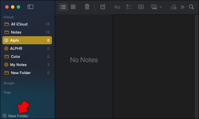 MacOS Notes App; create new folder.