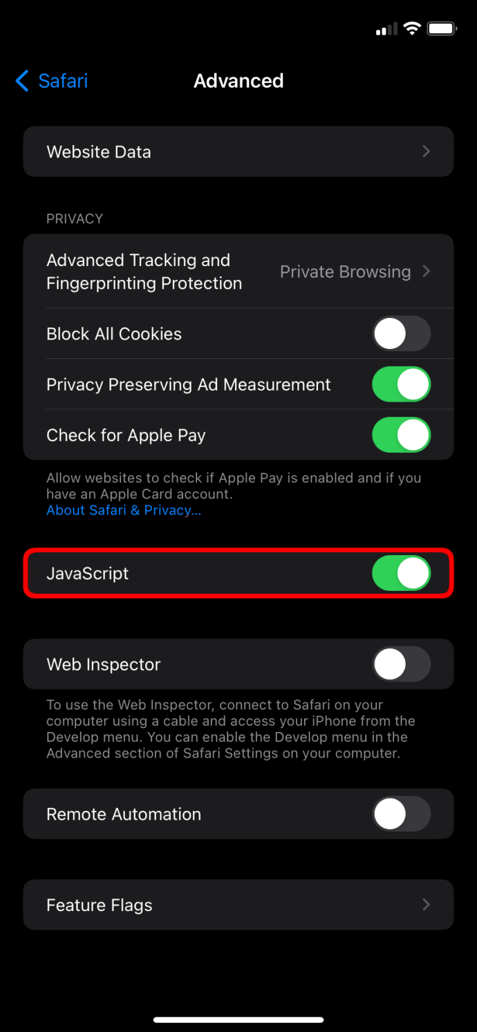 Toggling the JavaScript option in the Advanced Settings in iOS