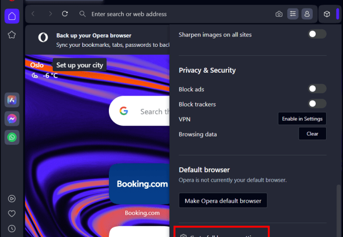 Clicking Go to full browser settings in the Opera menu