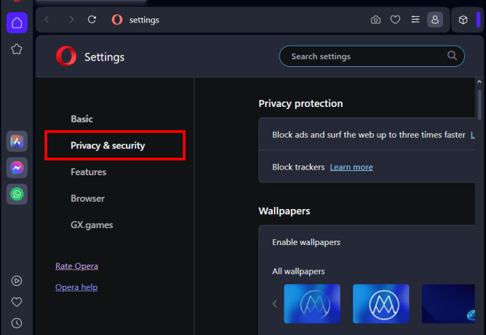 Selecting Privacy & security from the sidebar in the Opera Settings menu