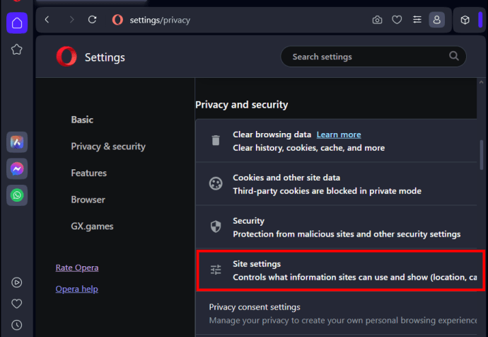 Choosing Site settings from the Opera Privacy and security menu