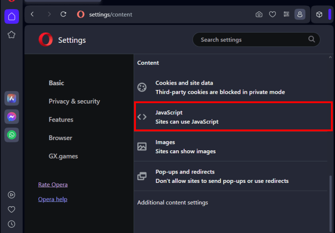 Selecting JavaScript from the Opera Content Settings