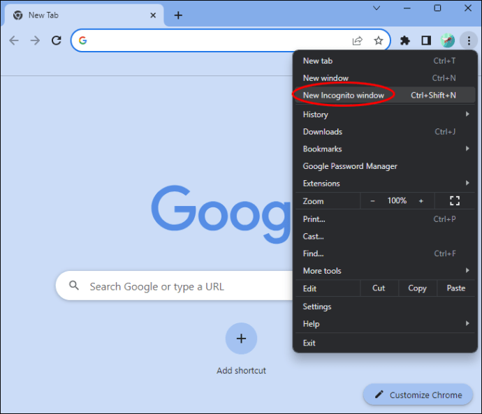 New Incognito Window option in Google Chrome.
