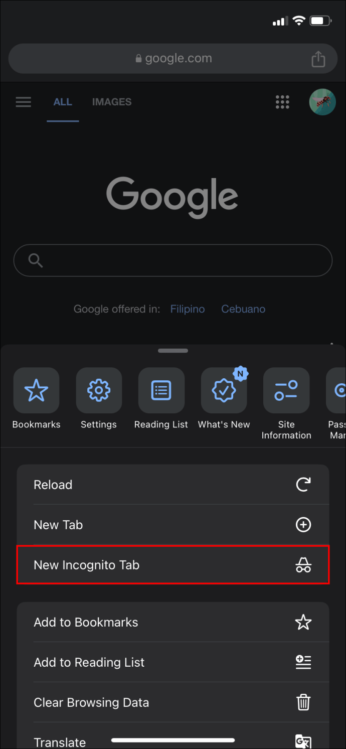 Google Chrome Incognito option in the Google Chrome app.