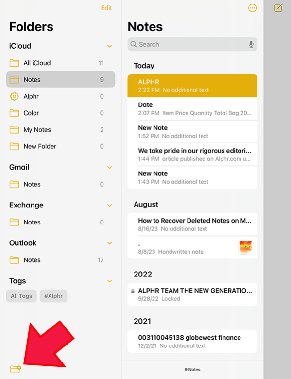 iOS Notes App; new folder button
