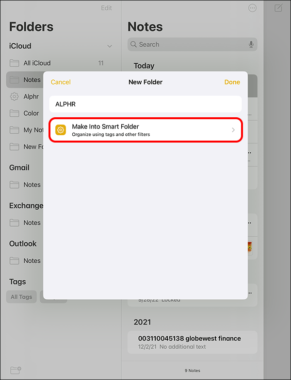 iOS Notes App; create smart folder button