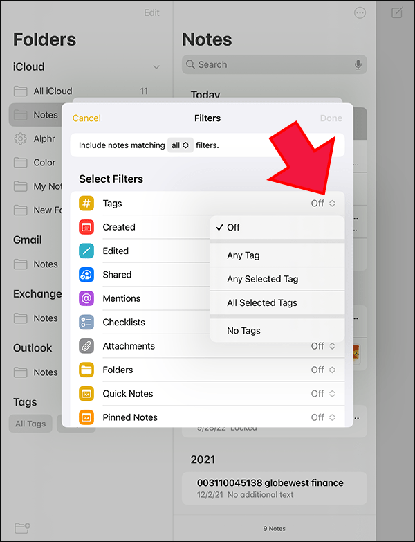 iOS Notes App; dropdown menu, tags off.