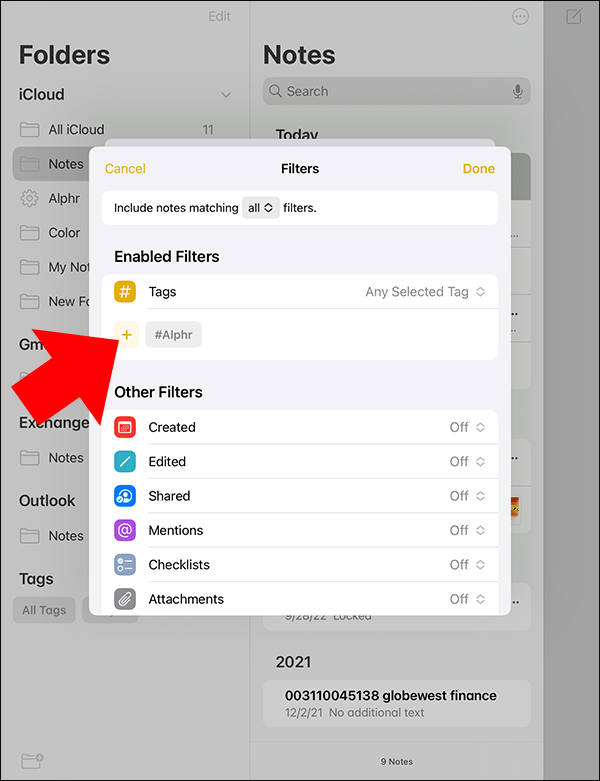 iOS Notes App; Add tags button.