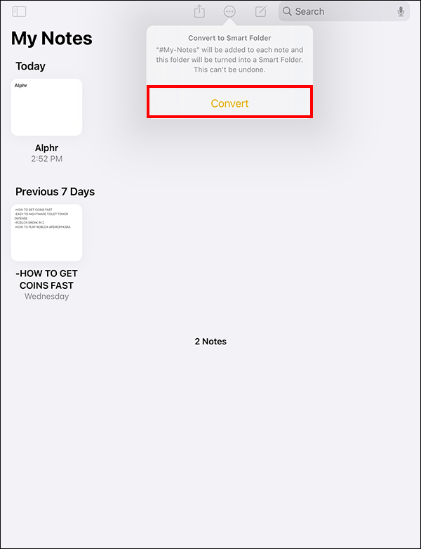 iOS Notes App; more options.