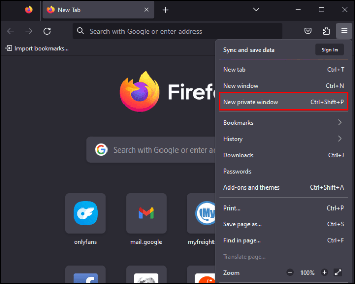 The New Private Window option in Firefox on a web browser.