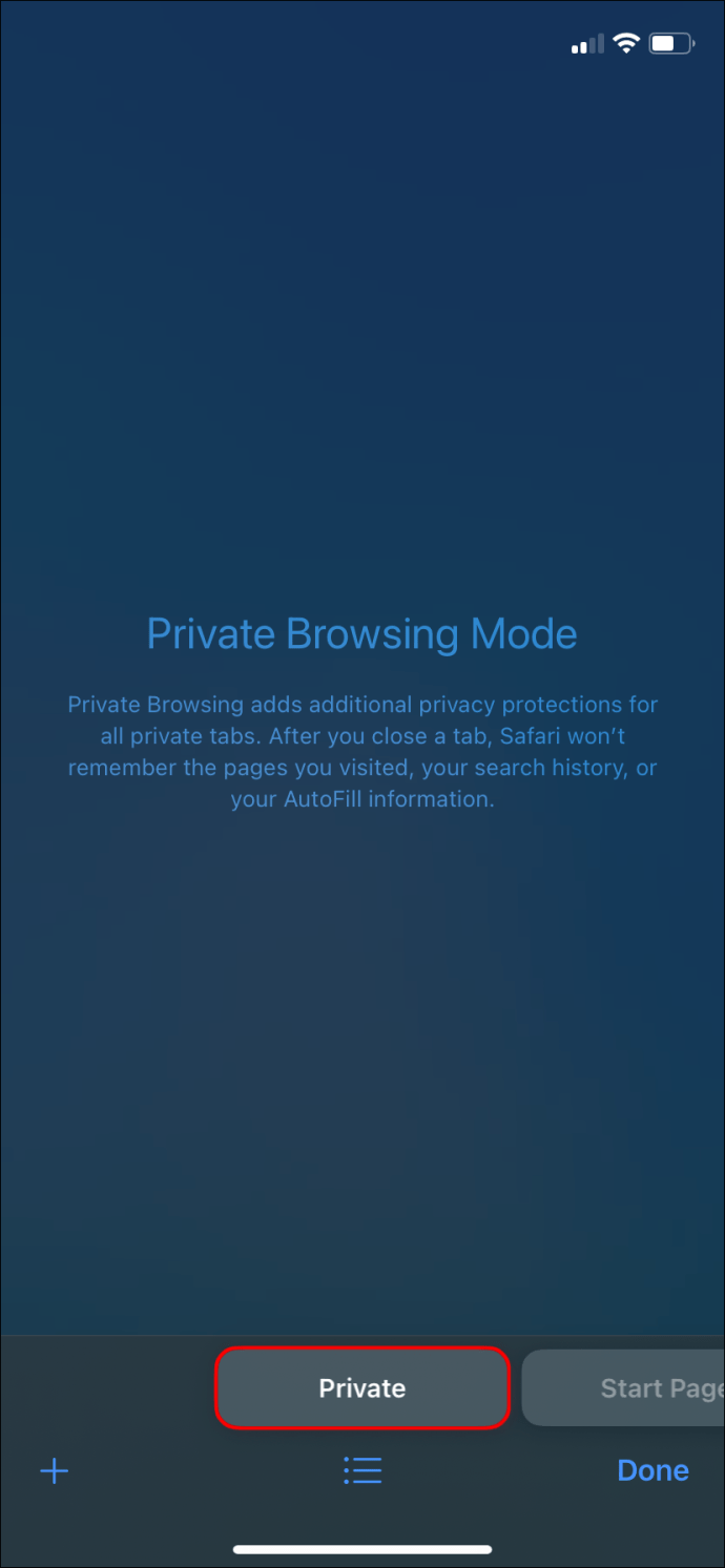 The Private browsing button in the Safari mobile app.
