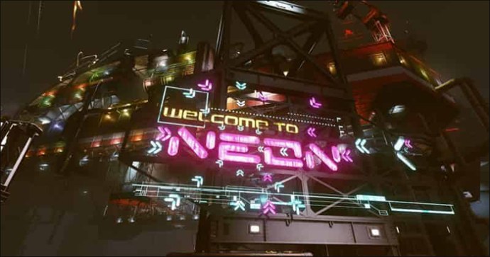 A Welcome To Neon sign on a building in Starfield highlighting the Neon Street Rat trait