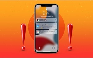 An iPhone with notifications and an orange background.