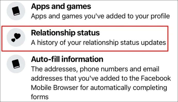 Relationship Status option within the Access your information section on Facebook Mobile.