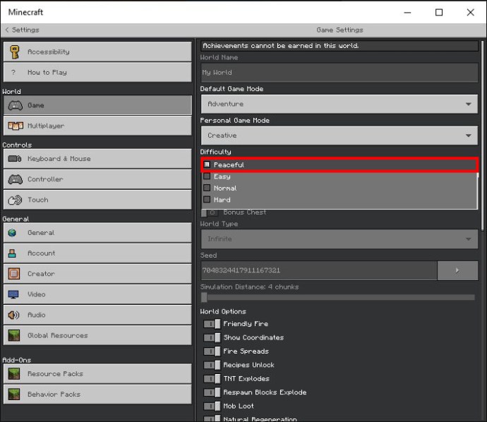Setting the Difficulty to Peaceful in Minecraft