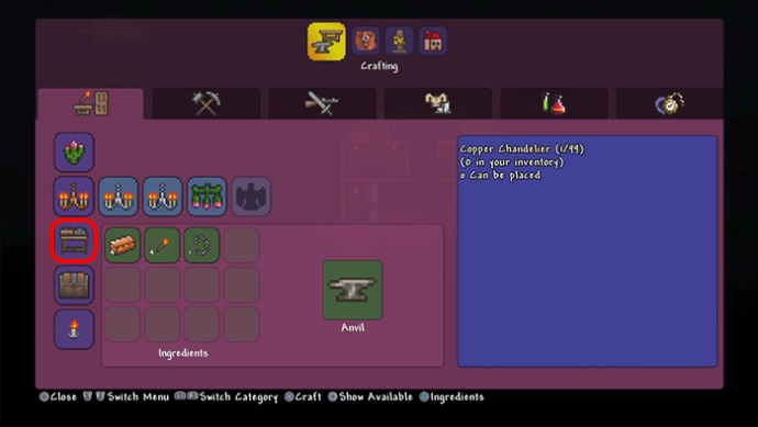 Selecting the Sawmill from the Crafting Menu in Terraria on console