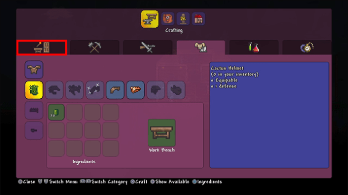 Opening the Crafting Menu in Terraria on Console