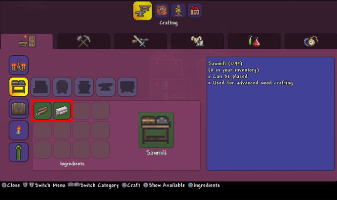 Crafting the Sawmill in Terraria on console