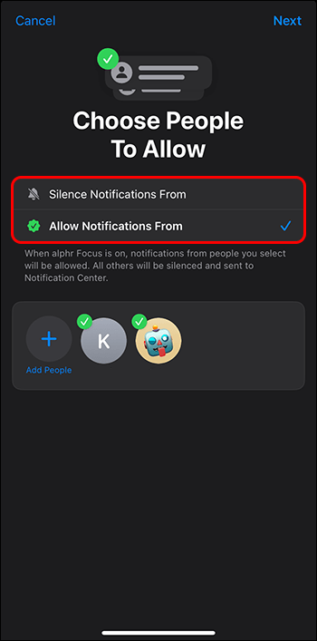 The Silence Notifications options for Focus on iPhone.