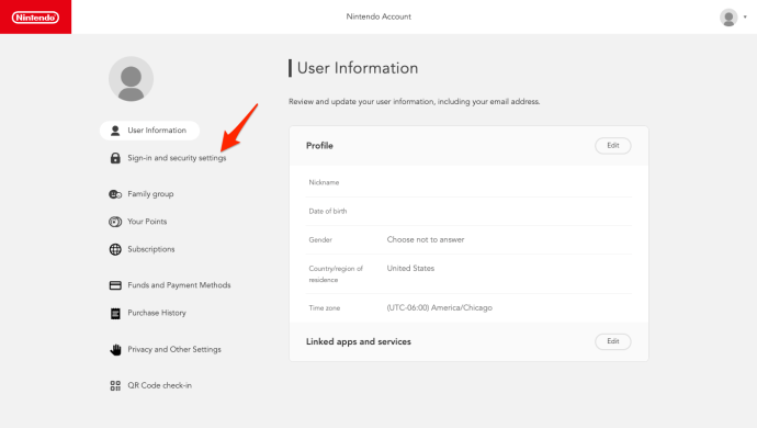 Selecting Sign-in and security settings from the sidebar in the Nintendo Account homepage on the web