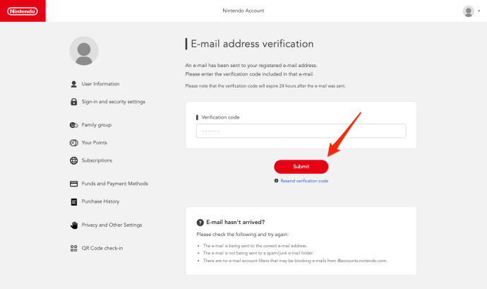 Entering the Verification Code and clicking the Submit button to confirm your e-mail address