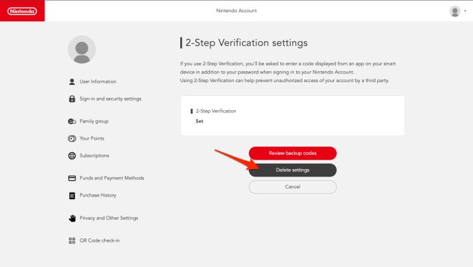 Clicking Delete settings in the 2-Step Verification settings page in the Nintendo Account webpage
